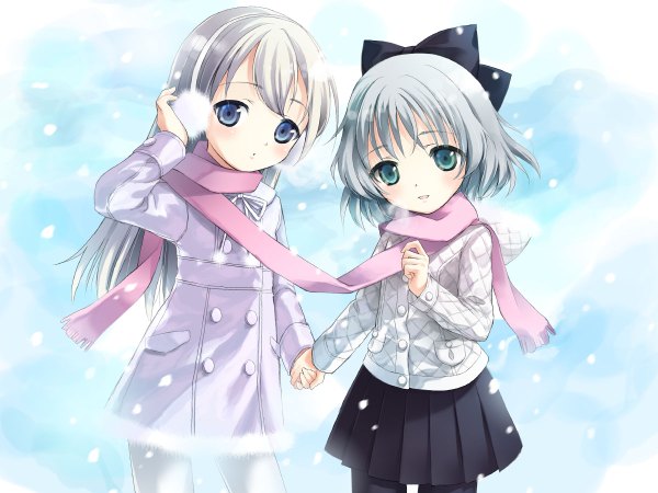 Anime picture 1200x900 with strike witches sanya v. litvyak eila ilmatar juutilainen long hair short hair blue eyes green eyes silver hair loli holding hands snowing winter shared scarf scarf earmuffs kimishima junsei