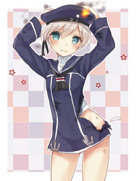Anime picture 600x800 with kantai collection z1 destroyer (leberecht maass) nunucco single tall image looking at viewer short hair blue eyes light erotic signed silver hair no panties torn clothes hands on head girl beret sailor suit