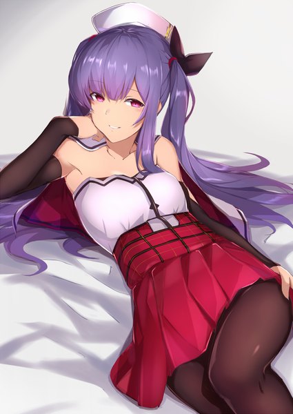 Anime picture 800x1129 with azur lane ajax (azur lane) kameponde single long hair tall image looking at viewer blush fringe smile twintails purple hair pleated skirt pink eyes hand on hip reclining chin rest girl skirt bow