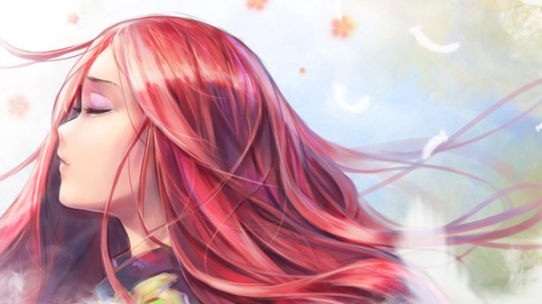 Anime-Bild 1920x1080 mit original wet.elephant single long hair blush highres wide image red hair eyes closed profile portrait girl flower (flowers) feather (feathers)