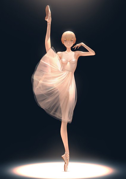 Anime picture 1024x1448 with original tanjiu single tall image looking at viewer fringe short hair blonde hair standing bare shoulders full body blunt bangs arm up grey eyes black background light standing on one leg see-through silhouette split ballerina