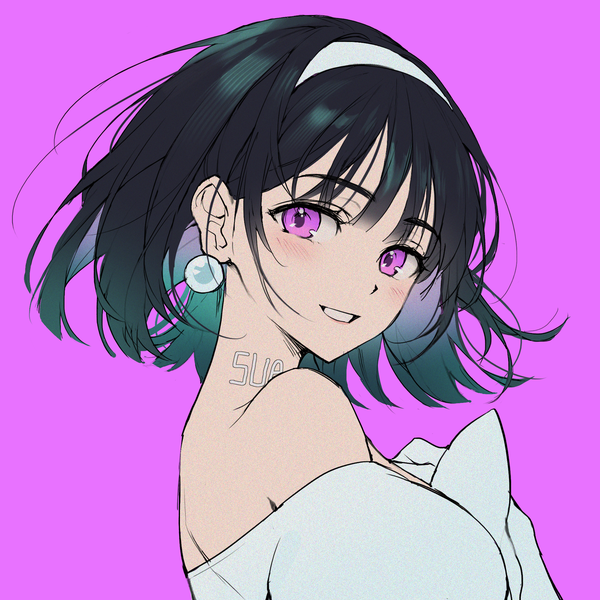 Anime picture 2000x2000 with alien stage alnst sua (alien stage) miji black single looking at viewer blush fringe highres short hair black hair simple background smile purple eyes upper body blunt bangs character names grin purple background girl