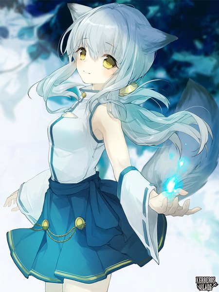 Anime picture 768x1024 with kerberos blade sakuma shiki single long hair tall image looking at viewer blush fringe hair between eyes twintails animal ears yellow eyes payot silver hair tail animal tail pleated skirt wind blurry sleeveless