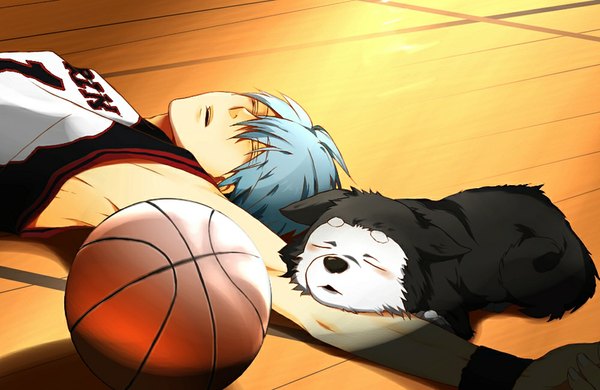 Anime picture 1000x651 with kuroko no basket production i.g kuroko tetsuya tetsuya no.2 blush short hair open mouth blue hair eyes closed sleeping boy uniform animal gym uniform ball dog basketball uniform