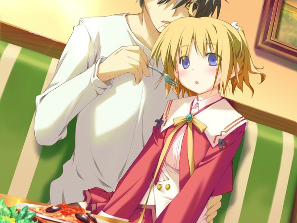 Anime picture 1600x1200 with happy margaret minahase karin kokonoka blush short hair blonde hair purple eyes game cg loli girl boy uniform school uniform food