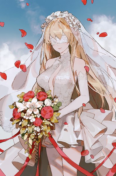 Anime picture 658x1000 with astral chronicles kamiko (astral chronicles) yueko (jiayue wu) single long hair tall image blonde hair bare shoulders cloud (clouds) light smile center opening blindfold girl dress gloves flower (flowers) ribbon (ribbons) petals elbow gloves white gloves