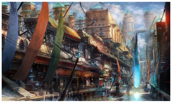 Anime picture 1224x735 with original krypt (pixiv) wide image sky cloud (clouds) city magic border cityscape alley animal water bird (birds) fire wire (wires) tower