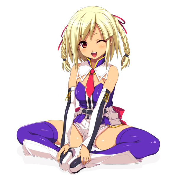 Anime picture 999x1023 with beatmania beatmania iidx xiatian (beatmania iidx) kinoshita ichi single tall image looking at viewer blush short hair open mouth light erotic simple background blonde hair red eyes white background one eye closed wink girl thighhighs detached sleeves