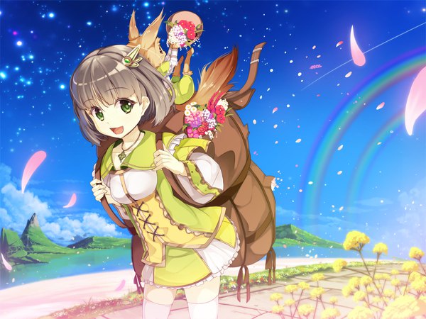 Anime picture 1600x1200 with original yuuji (yukimimi) single looking at viewer short hair open mouth smile brown hair green eyes sky wide sleeves zettai ryouiki mountain landscape girl thighhighs skirt hair ornament flower (flowers) animal
