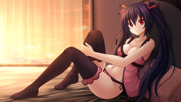 Anime picture 1920x1080 with choujigen game neptune noire kazenokaze single long hair looking at viewer blush highres breasts light erotic black hair red eyes wide image twintails legs underwear only :t girl thighhighs navel