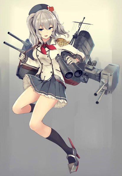 Anime picture 691x1000 with kantai collection kashima training cruiser nakaichi (ridil) single long hair tall image looking at viewer fringe blue eyes simple background hair between eyes twintails silver hair full body pleated skirt grey background gradient background frilly skirt girl skirt