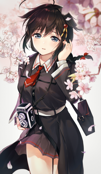Anime picture 800x1375 with kantai collection shigure destroyer umakuchi shouyu single long hair tall image blush fringe blue eyes black hair hair between eyes holding ahoge outdoors braid (braids) pleated skirt wind thighs cherry blossoms official alternate costume