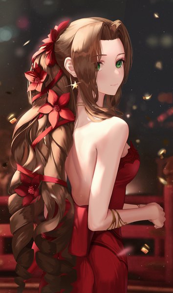Anime picture 2171x3679 with final fantasy final fantasy vii final fantasy vii remake square enix aerith gainsborough tooku0 single long hair tall image looking at viewer blush fringe highres breasts smile brown hair standing bare shoulders green eyes ponytail
