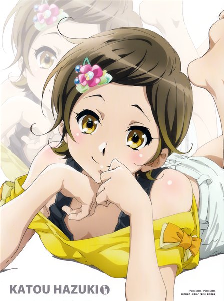 Anime picture 1650x2214 with hibike! euphonium kyoto animation katou hazuki ikeda shouko single tall image looking at viewer blush short hair smile brown hair white background yellow eyes barefoot hair flower scan character names on stomach zoom layer girl