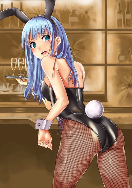 Anime picture 744x1053 with original nosa single long hair tall image blush fringe open mouth light erotic standing bare shoulders holding animal ears blue hair looking away ass indoors tail blunt bangs animal tail