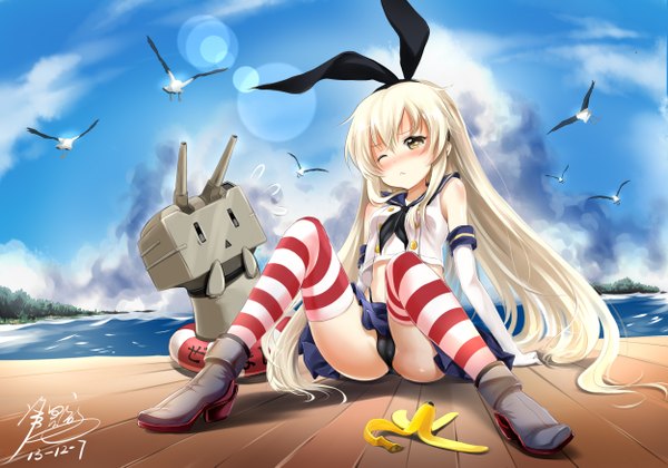 Anime picture 2500x1750 with kantai collection shimakaze destroyer rensouhou-chan yomi yasou single long hair looking at viewer blush highres light erotic brown eyes signed white hair one eye closed wink girl thighhighs gloves underwear panties