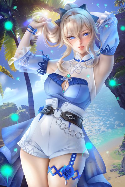 Anime picture 4800x7200 with genshin impact jean gunnhildr jean (sea breeze dandelion) (genshin impact) ayyasap single long hair tall image looking at viewer blush fringe highres breasts blue eyes blonde hair hair between eyes standing signed payot absurdres sky