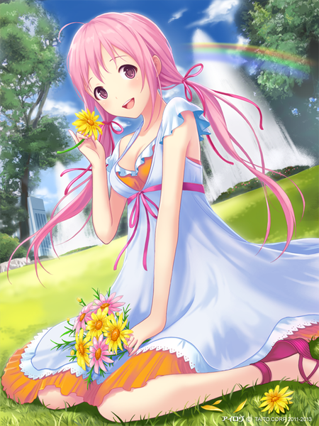 Anime picture 640x853 with ilog sakuragi kokoro occhan single long hair tall image looking at viewer fringe open mouth smile sitting twintails pink hair sky cloud (clouds) bent knee (knees) pink eyes sunlight low twintails happy