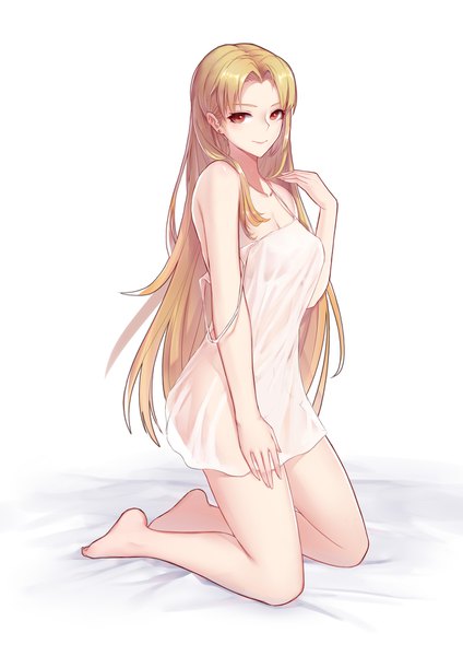 Anime picture 1240x1754 with original liu lan single long hair tall image looking at viewer breasts light erotic simple background blonde hair red eyes white background bare shoulders full body light smile kneeling girl earrings transparent clothing stud earrings