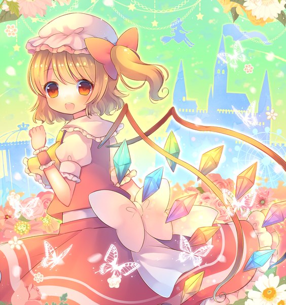 Anime picture 940x1000 with touhou flandre scarlet kirisame marisa pjrmhm coa single tall image looking at viewer blush fringe short hair open mouth blonde hair red eyes one side up silhouette girl skirt flower (flowers) wings insect
