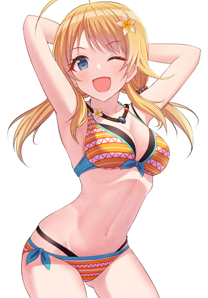 Anime picture 2864x4093 with idolmaster idolmaster shiny colors hachimiya meguru osoba susurukun single long hair tall image looking at viewer blush fringe highres breasts open mouth blue eyes light erotic simple background blonde hair standing white background twintails