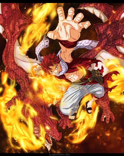 Anime picture 1483x1870 with fairy tail natsu dragneel igneel wershe tall image short hair open mouth yellow eyes red hair black eyes teeth sleeveless grin coloring torn clothes magic muscle fantasy angry sharp teeth