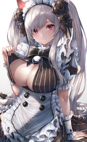 Anime picture 3144x5080 with destiny child sytry (destiny child) snm (sunimi) single tall image looking at viewer fringe highres breasts light erotic simple background smile hair between eyes large breasts white background sitting twintails absurdres silver hair very long hair