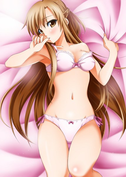 Anime picture 777x1087 with sword art online a-1 pictures yuuki asuna sumeragi tomo single long hair tall image blush light erotic brown hair brown eyes underwear only finger to mouth girl navel underwear panties lingerie bra