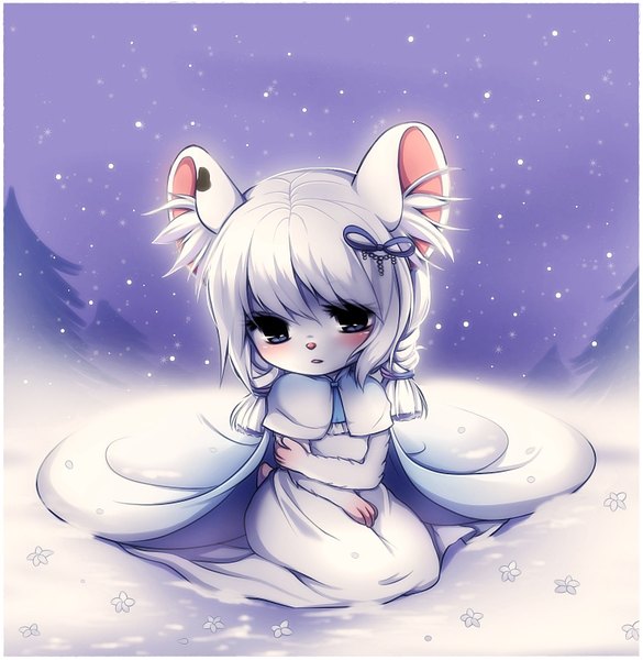 Anime picture 1469x1507 with original midna01 single long hair tall image blush fringe blue eyes animal ears white hair snowing winter girl hair ornament snowflake (snowflakes) winter clothes