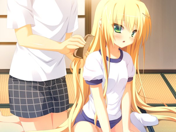 Anime picture 1600x1200 with oni gokko! sumiyoshi kureha nimura yuuji long hair looking at viewer blush open mouth blonde hair green eyes game cg loli head out of frame hair brushing girl uniform gym uniform tatami comb