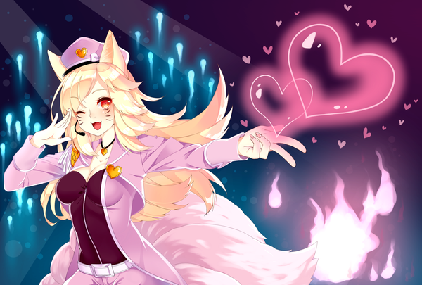 イラスト 2000x1350 と league of legends ahri (league of legends) popstar ahri (league of legends) repachi (sicp) ソロ 長髪 highres 開いた口 金髪 笑顔 赤い目 獣耳 尻尾 :d animal tail one eye closed ウィンク fang (fangs) 狐耳 outstretched arm