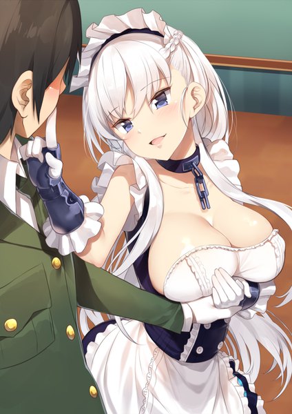 Anime picture 566x800 with azur lane belfast (azur lane) yappen long hair tall image blush fringe short hair breasts open mouth blue eyes light erotic hair between eyes brown hair large breasts white hair indoors braid (braids) head tilt arm up