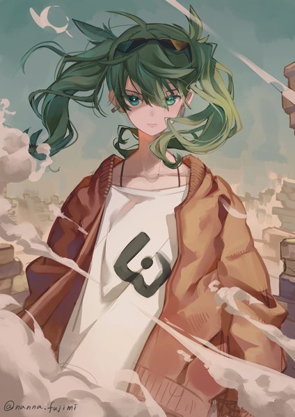 Anime-Bild 1157x1637 mit vocaloid suna no wakusei (vocaloid) hatsune miku 778-go single long hair tall image looking at viewer fringe hair between eyes twintails signed upper body outdoors wind open jacket twitter username sunglasses on head girl earrings