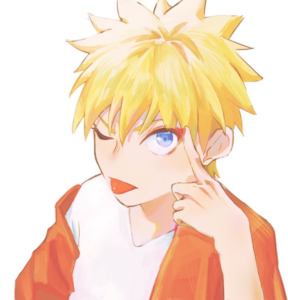 Anime picture 1537x1601 with naruto studio pierrot naruto (series) uzumaki naruto jopi single tall image looking at viewer fringe short hair blue eyes simple background blonde hair hair between eyes white background one eye closed off shoulder eyeshadow jinchuriki boy