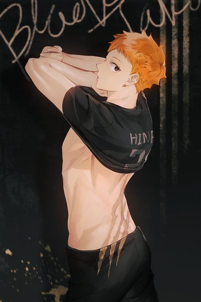 Anime picture 900x1350 with haikyuu!! production i.g hinata shouyou s2hwh1q9n4ljya single tall image looking at viewer fringe short hair simple background standing brown eyes parted lips arm up orange hair short sleeves text black background scar undressing