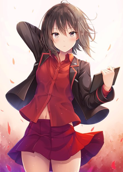 Anime picture 1150x1600 with girls und panzer nishizumi maho akashio (loli ace) single tall image looking at viewer blush fringe short hair breasts simple background hair between eyes brown hair standing holding brown eyes long sleeves pleated skirt arm up open clothes