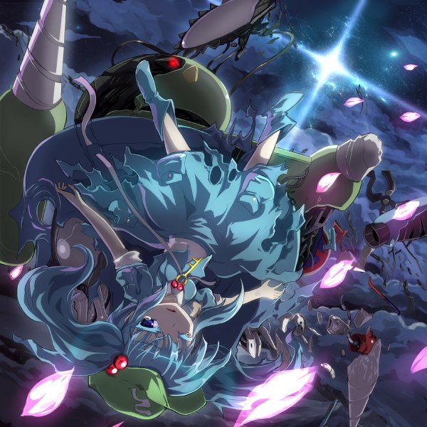Anime picture 1200x1200 with touhou kawashiro nitori shope single long hair blue eyes twintails blue hair cloud (clouds) tears torn clothes light upside down falling broken girl skirt weapon petals necklace