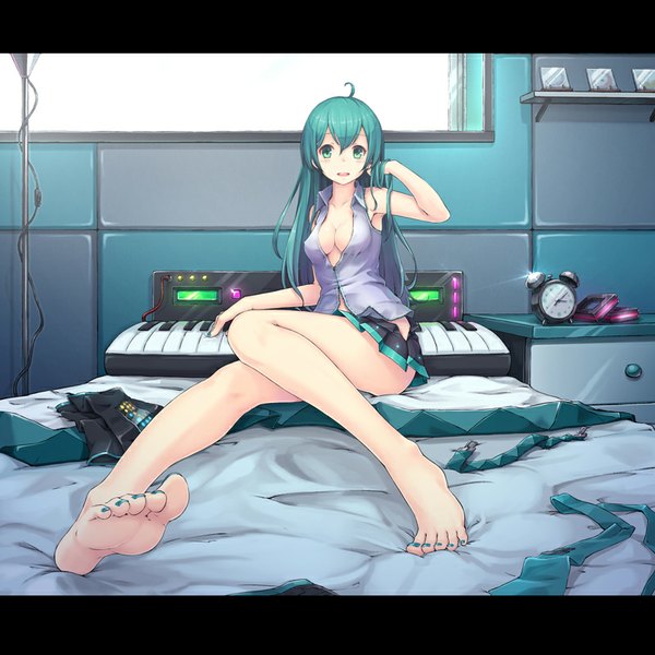 Anime picture 800x800 with vocaloid hatsune miku gogatsu no renkyuu single long hair looking at viewer blush fringe breasts open mouth light erotic smile sitting green eyes nail polish pleated skirt barefoot fingernails green hair open clothes
