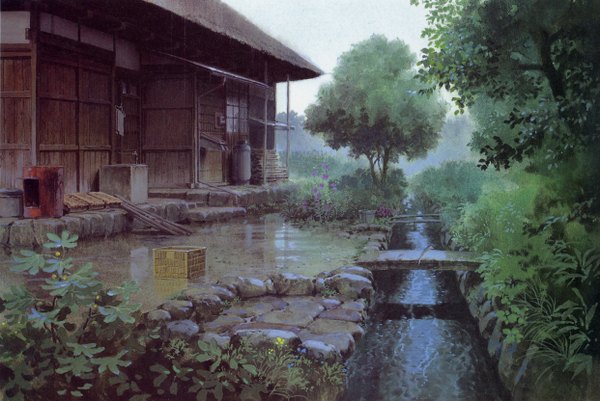 Anime picture 2484x1664 with omohide poro poro kazuo oga highres sky scan realistic no people landscape river nature flower (flowers) plant (plants) tree (trees) water stone (stones) house bridge box