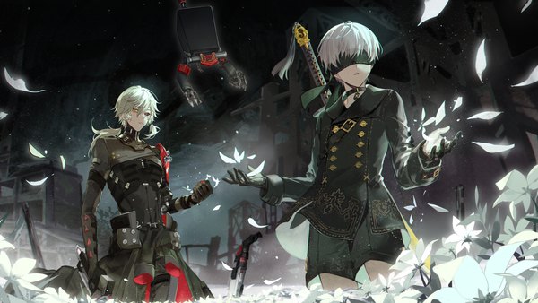 Anime picture 2666x1500 with nier nier:automata punishing: gray raven pod (nier:automata) yorha no. 9 type s roland (punishing: gray raven) kanose long hair fringe highres short hair blonde hair hair between eyes wide image standing silver hair outdoors multiple boys heterochromia low ponytail