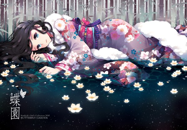 Anime picture 1200x834 with original pixiv girls collection 2010 nardack single long hair blue eyes black hair lying japanese clothes hieroglyph snowing winter snow girl flower (flowers) bow water belt kimono