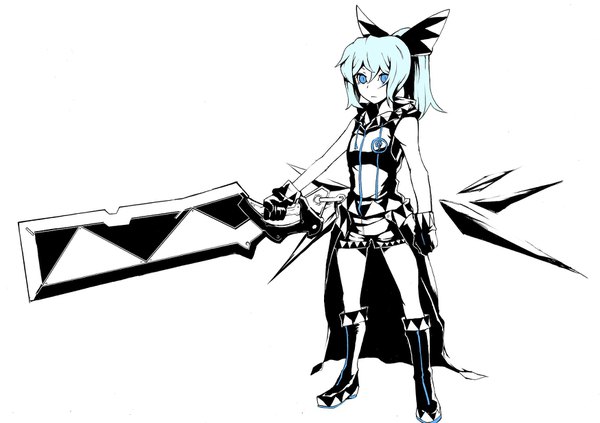 Anime picture 1748x1234 with touhou cirno scottie (phantom2) single long hair looking at viewer fringe highres blue eyes simple background hair between eyes white background holding blue hair full body ponytail alternate costume sleeveless serious high contrast