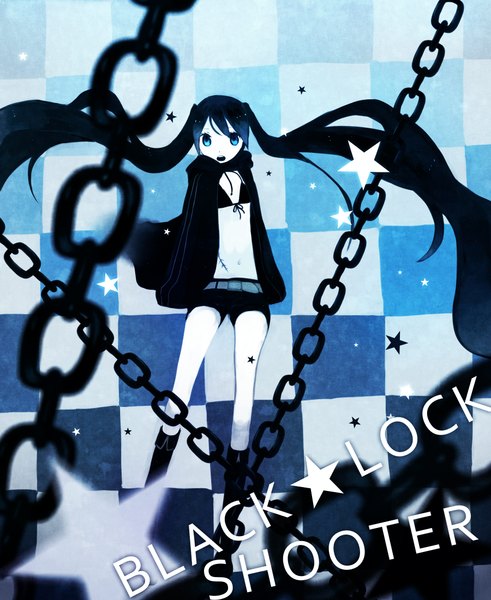 Anime picture 1800x2200 with black rock shooter black rock shooter (character) tamayo (artist) tall image highres open mouth black hair twintails very long hair aqua eyes inscription scar checkered background girl shorts boots star (symbol) chain cloak bikini top