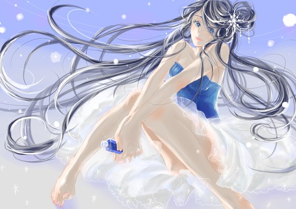 Anime picture 1414x1000 with original sekkisei setsuko single long hair looking at viewer blush blue eyes sitting bare shoulders silver hair nail polish barefoot hair flower lips bare legs snowing snow between legs convenient leg