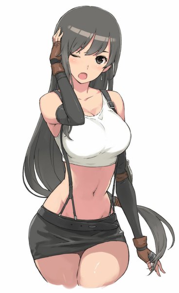 Anime picture 609x991 with final fantasy final fantasy vii square enix tifa lockhart morisawa haruyuki single long hair tall image looking at viewer blush fringe breasts open mouth black hair simple background large breasts white background bare shoulders one eye closed black eyes