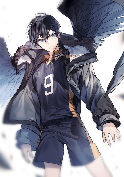 Anime picture 700x1000 with haikyuu!! production i.g kageyama tobio sorolp single tall image fringe short hair blue eyes black hair simple background hair between eyes white background signed looking away open jacket fur trim black wings boy uniform