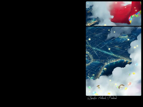 Anime picture 1248x936 with original hakumo simple background cloud (clouds) inscription city black background cityscape framed city lights star (stars) clock ball pocket watch fireflies hourglass