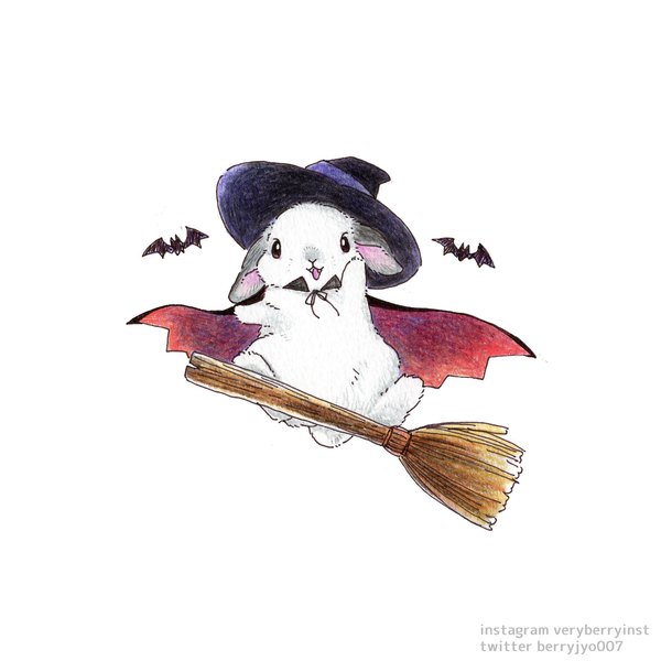 Anime picture 2000x2000 with original berry jou highres simple background white background signed halloween flying no people traditional media broom riding colored pencil (medium) hat animal cloak witch hat bunny broom bat halloween costume
