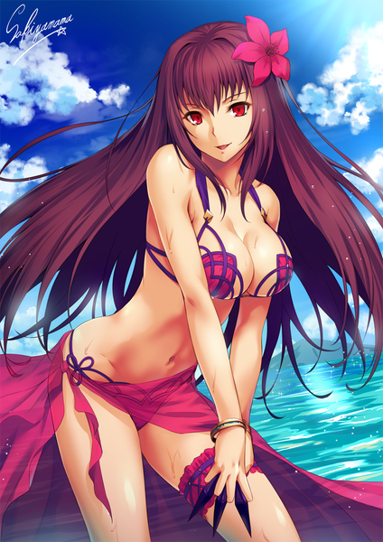 Anime picture 800x1131 with fate (series) fate/grand order scathach (fate) (all) scathach (swimsuit assassin) (fate) sakiyamama single long hair tall image looking at viewer fringe breasts open mouth light erotic smile hair between eyes red eyes large breasts holding signed sky