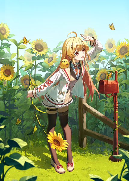 Anime-Bild 2000x2800 mit virtual youtuber hololive hololive dev is otonose kanade star-ring single long hair tall image fringe highres open mouth blonde hair red eyes standing looking away full body ahoge outdoors :d salute
